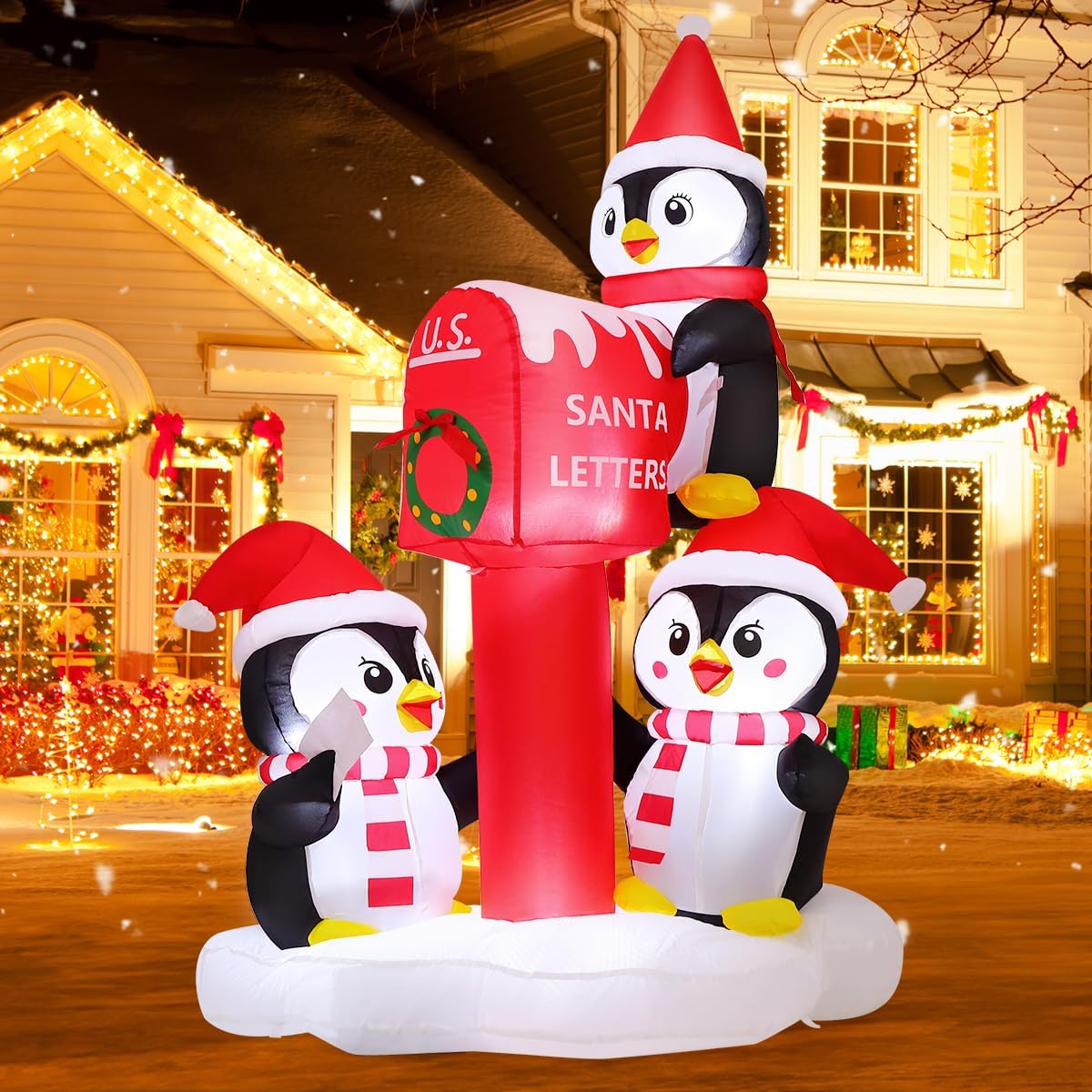 6.5-Foot Giant Outdoor Letters to Santa Penguins at Mailbox Inflatable with LED Illumination Christmas Blow Up Yard Decor