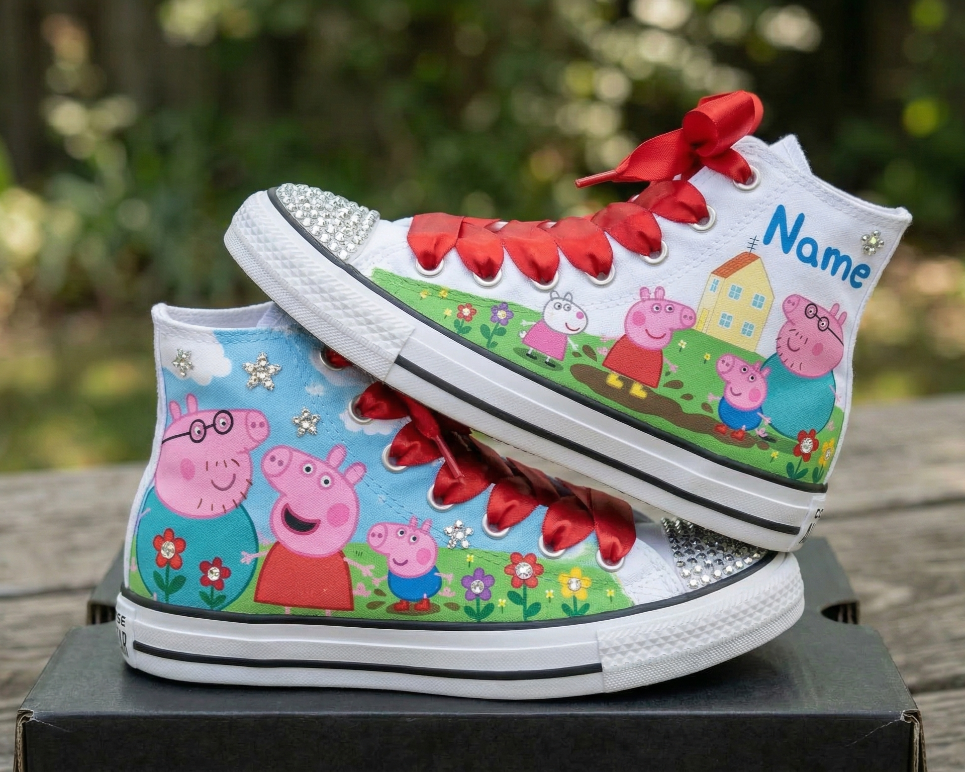 Custom Peppa Pig High-Top Sneakers Shoes Personalized with Name, Ribbon Laces & Rhinestones Birthday Parties Everyday Gift