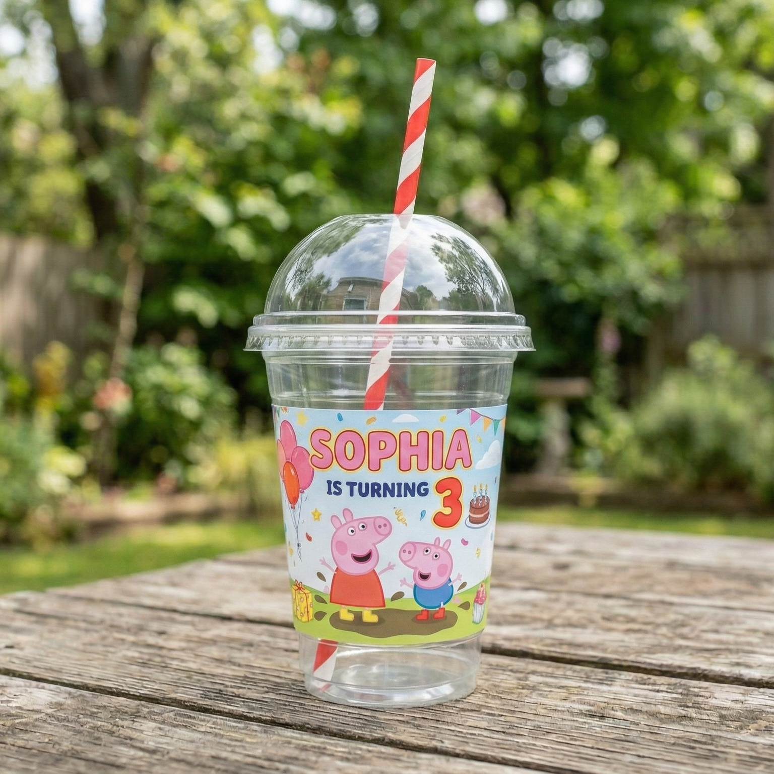 (Pack of 6) Peppa Pig Custom Personalized Birthday Party 16 oz Cups with Dome Lids & Straws