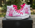 Custom Peppa Pig Fairy Princess High-Top Sneakers Shoes Personalized with Name, Ribbon Laces & Rhinestones Birthday Parties Everyday Gift