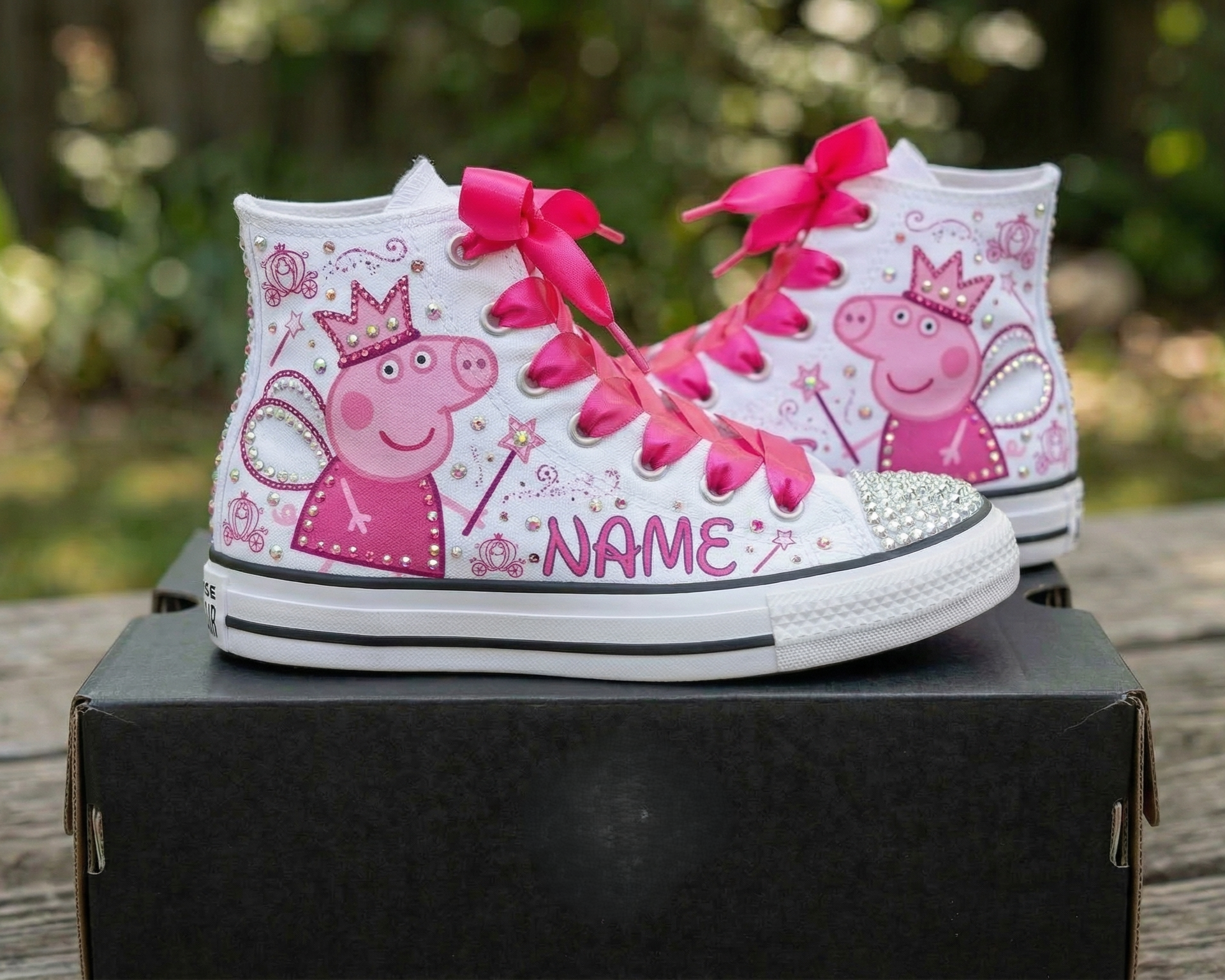 Custom Peppa Pig Fairy Princess High-Top Sneakers Shoes Personalized with Name, Ribbon Laces & Rhinestones Birthday Parties Everyday Gift