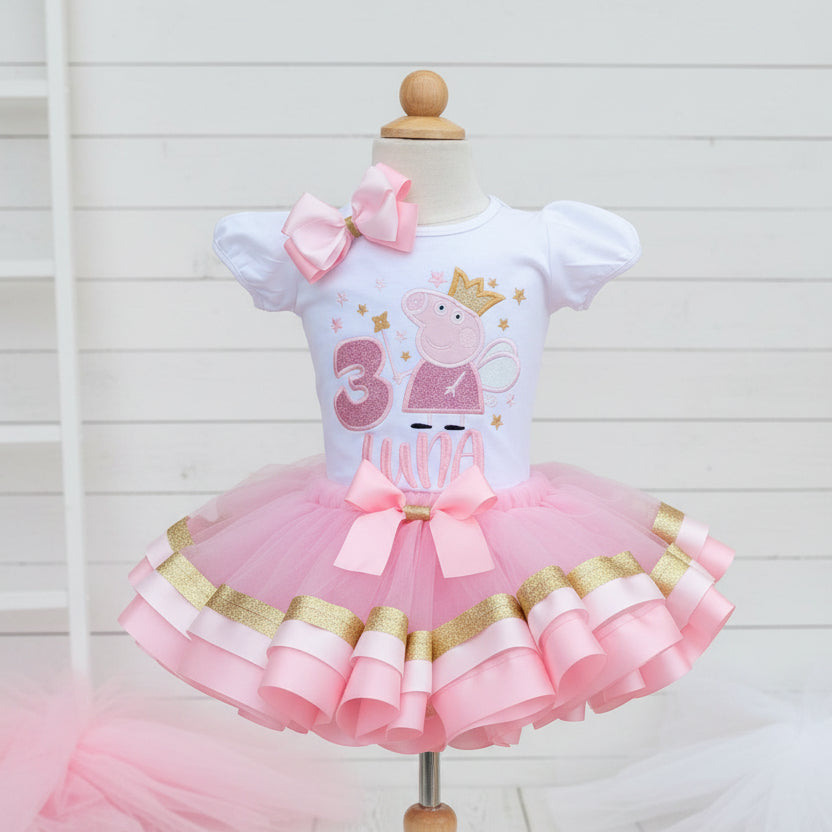 Gold Crown Peppa Fairy Princess Tutu Set Girls Personalized Custom Pink Gold Ribbon Sewn Trim Tutu Outfit Dress Theme Cake Smash Birthday Party