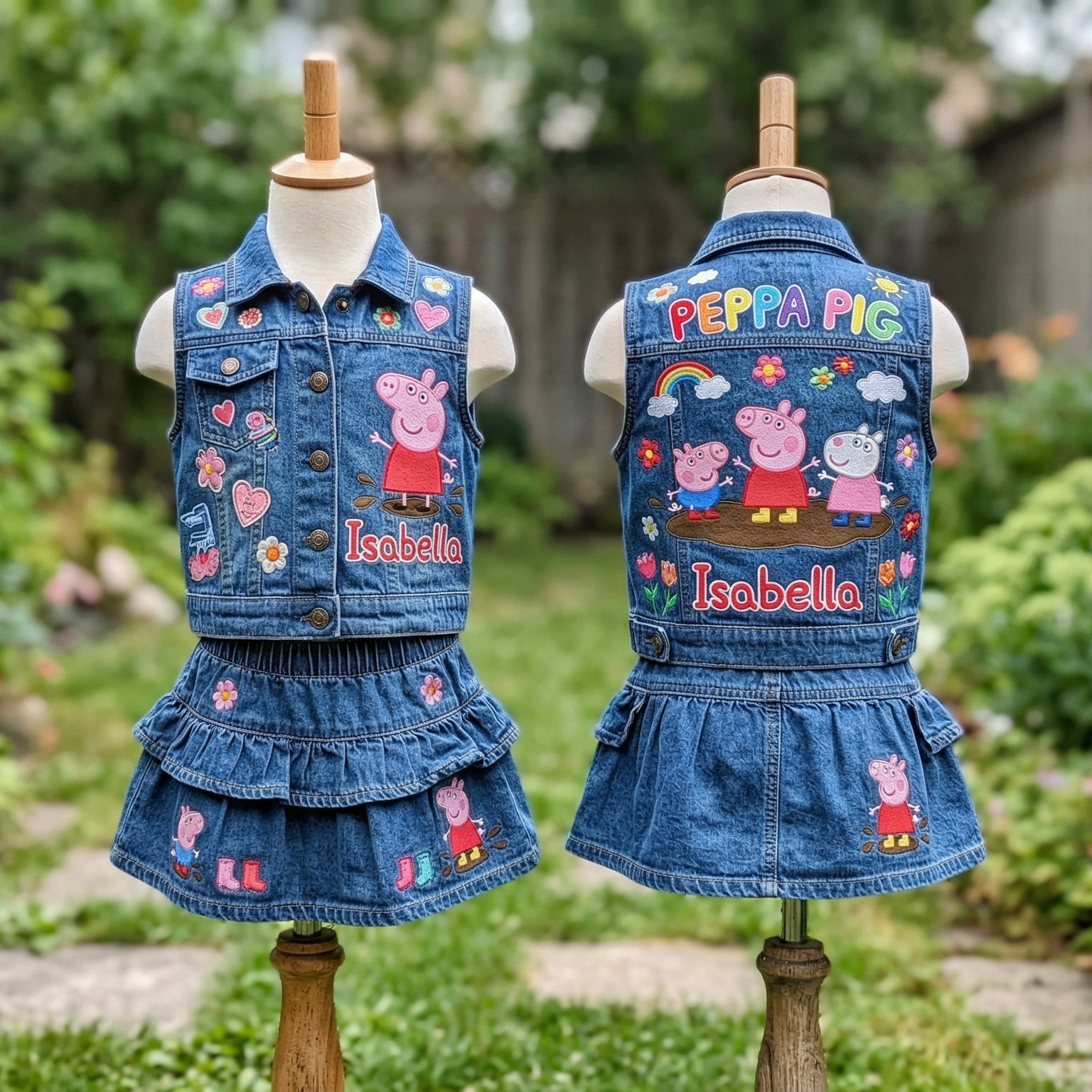 Personalized Custom Name Peppa Pig Denim Vest & Skirt Set Birthday Party Cake Smash Gift