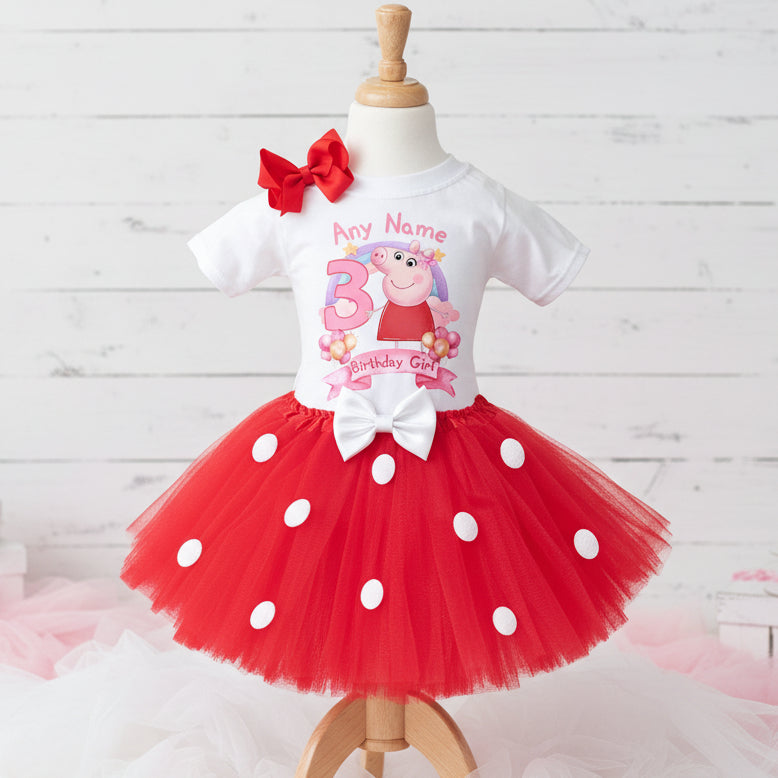 Peppa Pig Tutu Set Girls Personalized Custom Red White Polka Dots Tutu Outfit Dress Theme Cake Smash Birthday Party