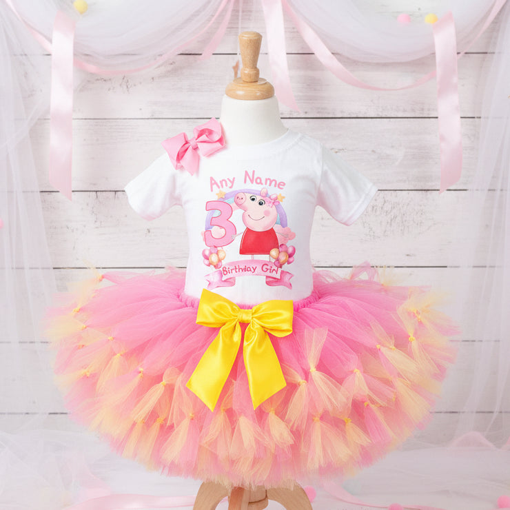 Peppa Pig Tutu Set Girls Personalized Custom Pink Yellow Knots Tutu Outfit Dress Theme Cake Smash Birthday Party