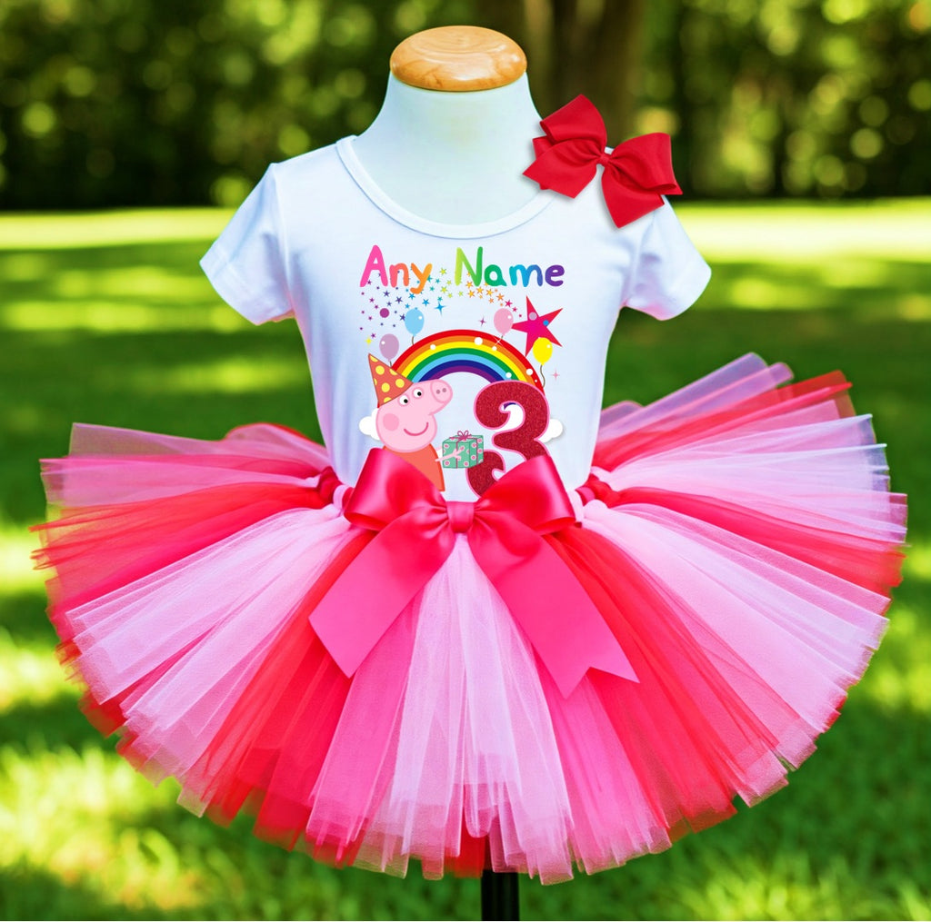 Peppa Pig Party Hat Tutu Set Girls Personalized Custom Hot Pink Red Pink Tutu Outfit Dress Theme Cake Smash Birthday Party