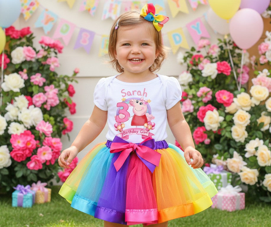 Peppa Pig Tutu Set Girls Personalized Custom Rainbow Ribbon Tutu Outfit Dress Theme Cake Smash Birthday Party