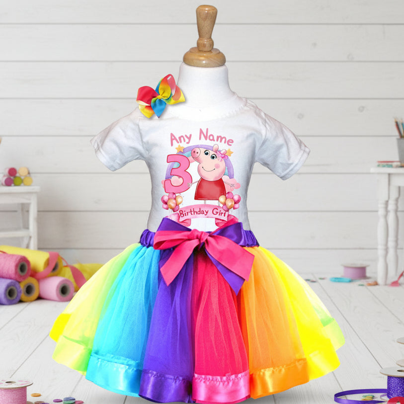 Peppa Pig Tutu Set Girls Personalized Custom Rainbow Ribbon Tutu Outfit Dress Theme Cake Smash Birthday Party