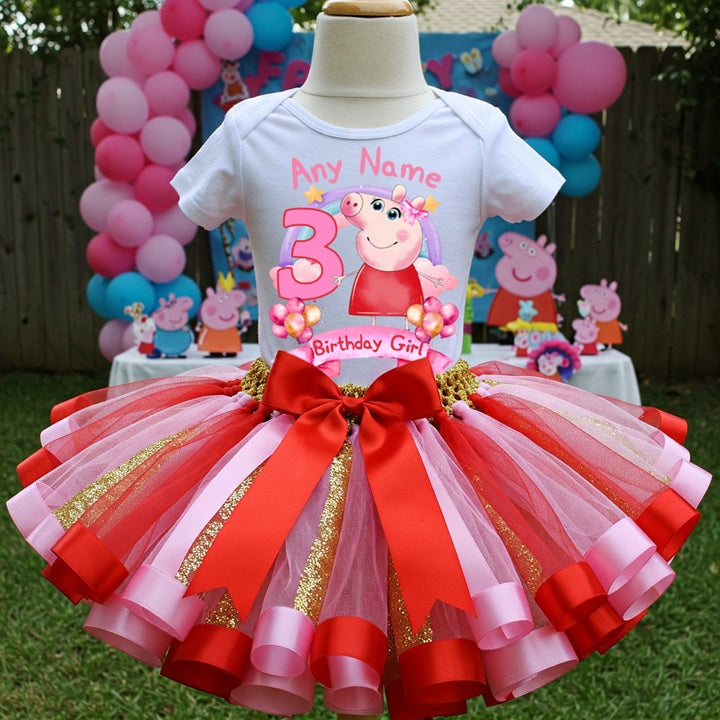 Peppa Pig Tutu Set Girls Personalized Custom Pink Blue Purple Ribbon Sewn Trim Tutu Outfit Dress Theme Cake Smash Birthday Party