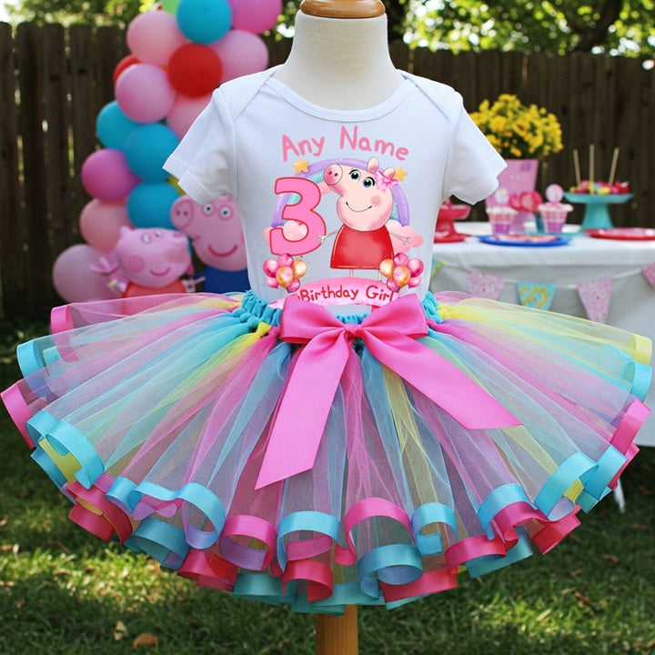 Peppa Pig Tutu Set Girls Personalized Custom Multicolor Ribbon Sewn Trim Tutu Outfit Dress Theme Cake Smash Birthday Party