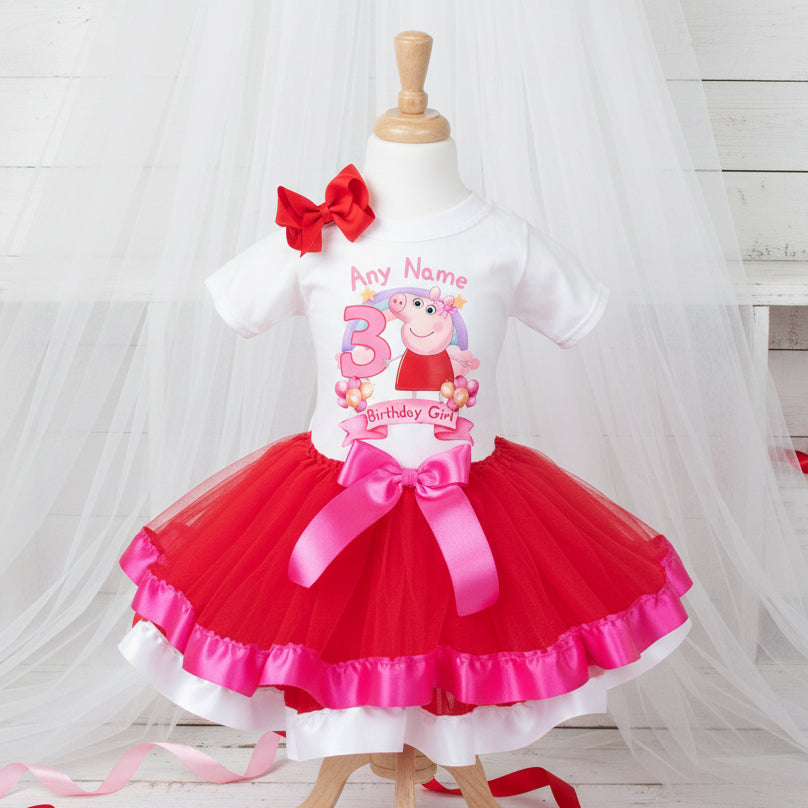 Peppa Pig Tutu Set Girls Personalized Custom Red Hot Pink White Ribbon Trim Tutu Outfit Dress Theme Cake Smash Birthday Party