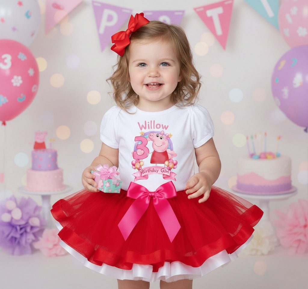 Peppa Pig Tutu Set Girls Personalized Custom Red Hot Pink White Ribbon Trim Tutu Outfit Dress Theme Cake Smash Birthday Party