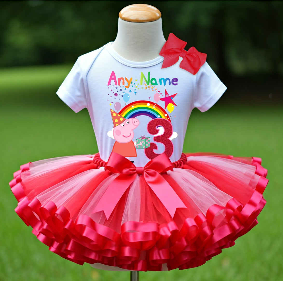 Peppa Pig Party Hat Tutu Set Girls Personalized Custom Hot Pink Red Ribbon Sewn Trim Tutu Outfit Dress Theme Cake Smash Birthday Party