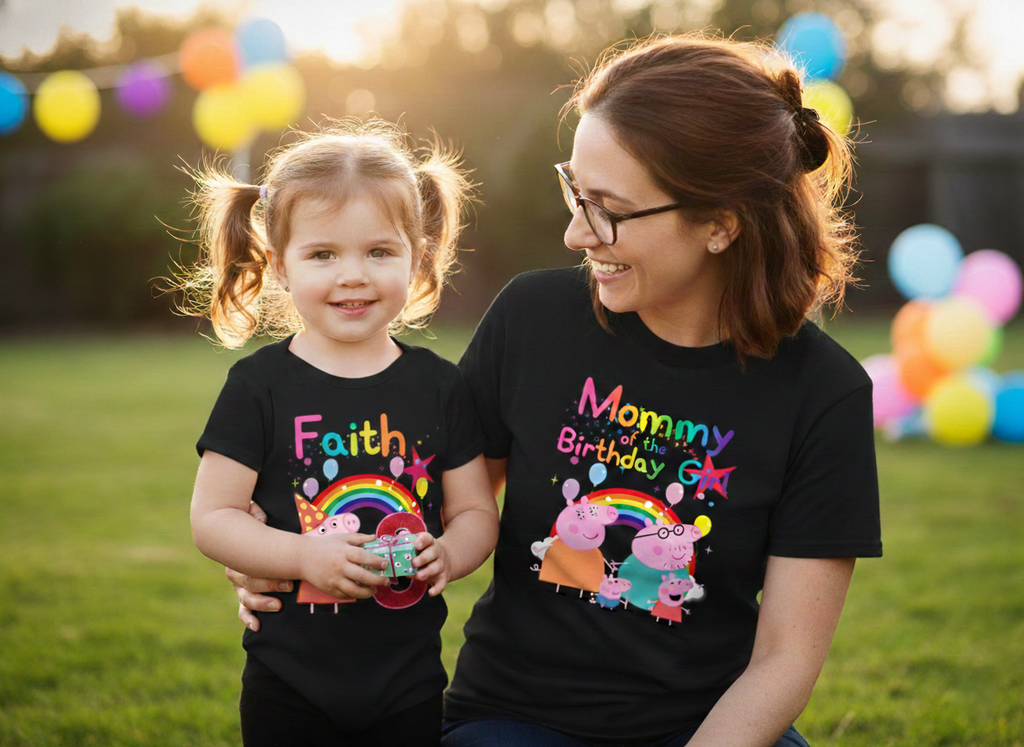 Peppa Pig Party Hat Personalized Custom Black Family T-Shirt or Onesie Pack Theme Cake Smash Birthday Party