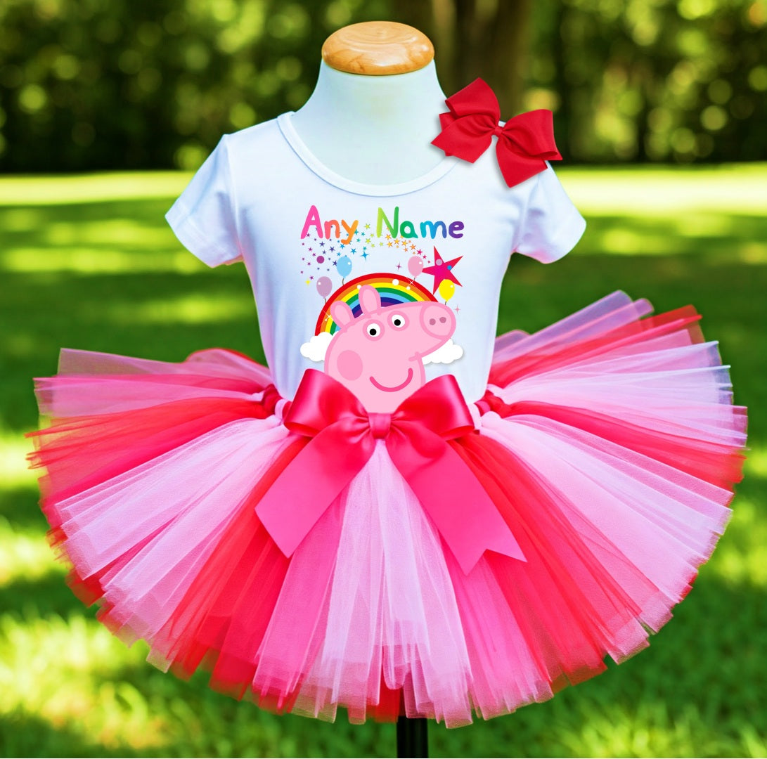 Peppa Pig Face Tutu Set Girls Personalized Custom Hot Pink Red Pink Tutu Outfit Dress Theme Cake Smash Party