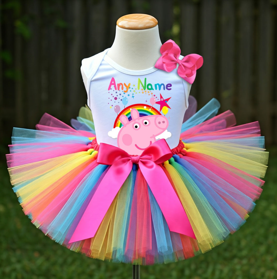 Peppa Pig Face Tutu Set Girls Personalized Custom Rainbow Tutu Outfit Dress Theme Cake Smash Party