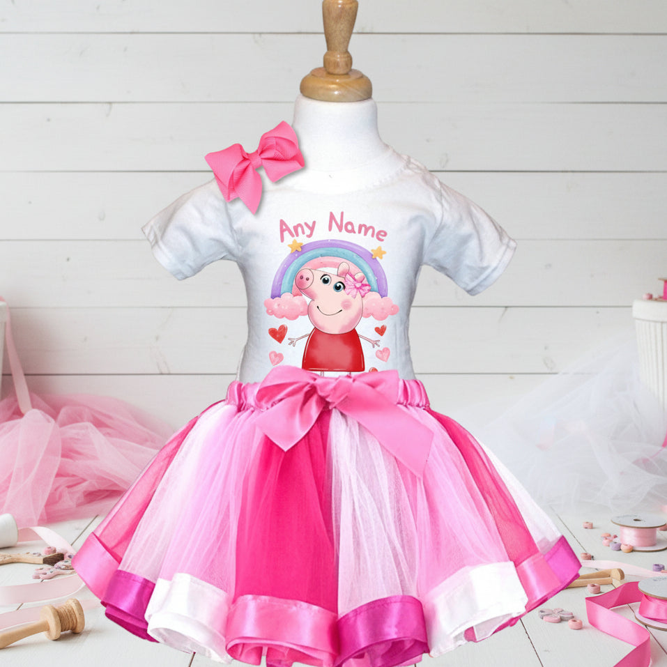 Peppa Pig Tutu Set Girls Personalized Custom Hot Pink White Pink Ribbon Tutu Outfit Dress Theme Cake Smash Party