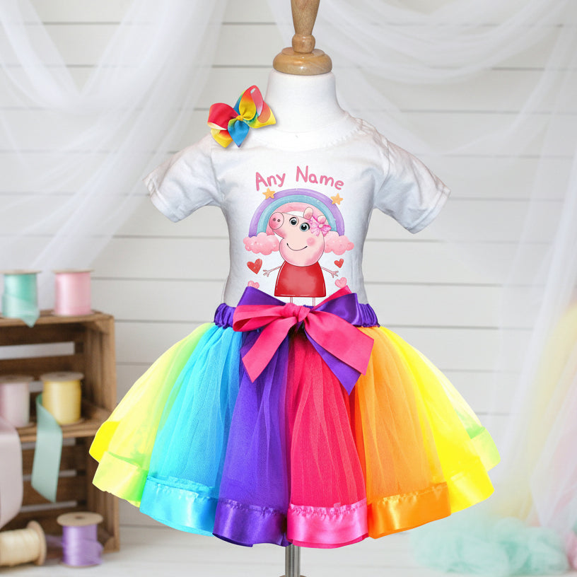 Peppa Pig Tutu Set Girls Personalized Custom Rainbow Ribbon Tutu Outfit Dress Theme Cake Smash Party