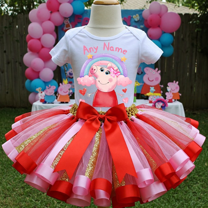Peppa Pig Tutu Set Girls Personalized Custom Pink Blue Purple Ribbon Sewn Trim Tutu Outfit Dress Theme Cake Smash Party
