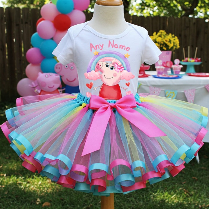 Peppa Pig Tutu Set Girls Personalized Custom Multicolor Ribbon Sewn Trim Tutu Outfit Dress Theme Cake Smash Party