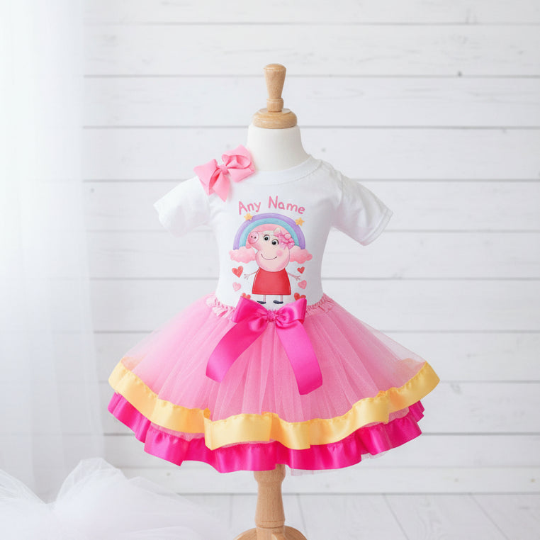 Peppa Pig Tutu Set Girls Personalized Custom Pink Gold Hot Pink Ribbon Trim Tutu Outfit Dress Theme Cake Smash Party
