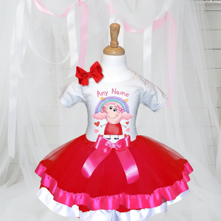 Peppa Pig Tutu Set Girls Personalized Custom Red Hot Pink White Ribbon Trim Tutu Outfit Dress Theme Cake Smash Party