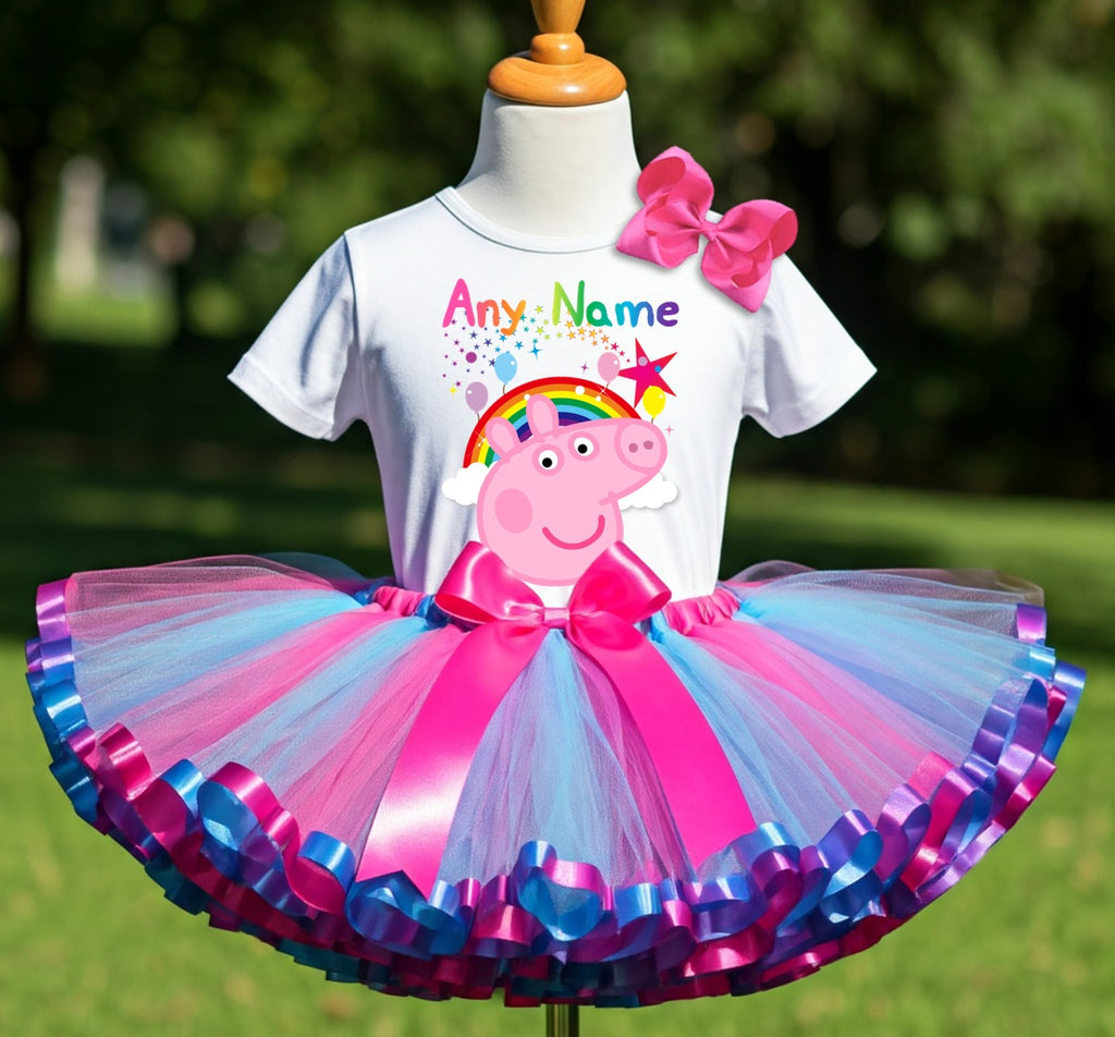 Peppa Pig Face Tutu Set Girls Personalized Custom Hot Pink Blue Purple Ribbon Sewn Trim Tutu Outfit Dress Theme Cake Smash Birthday Party