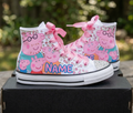 Custom Peppa Pig Family High-Top Sneakers Shoes Personalized with Name, Ribbon Laces & Rhinestones Birthday Parties Everyday Gift