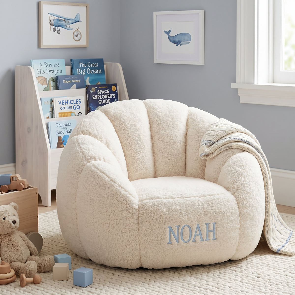 Soft Blue Stitched Personalized Name Super Soft Teddy Fleece Kids' Lounge Chair Shell Shaped Sofa Bedroom Playroom Decor
