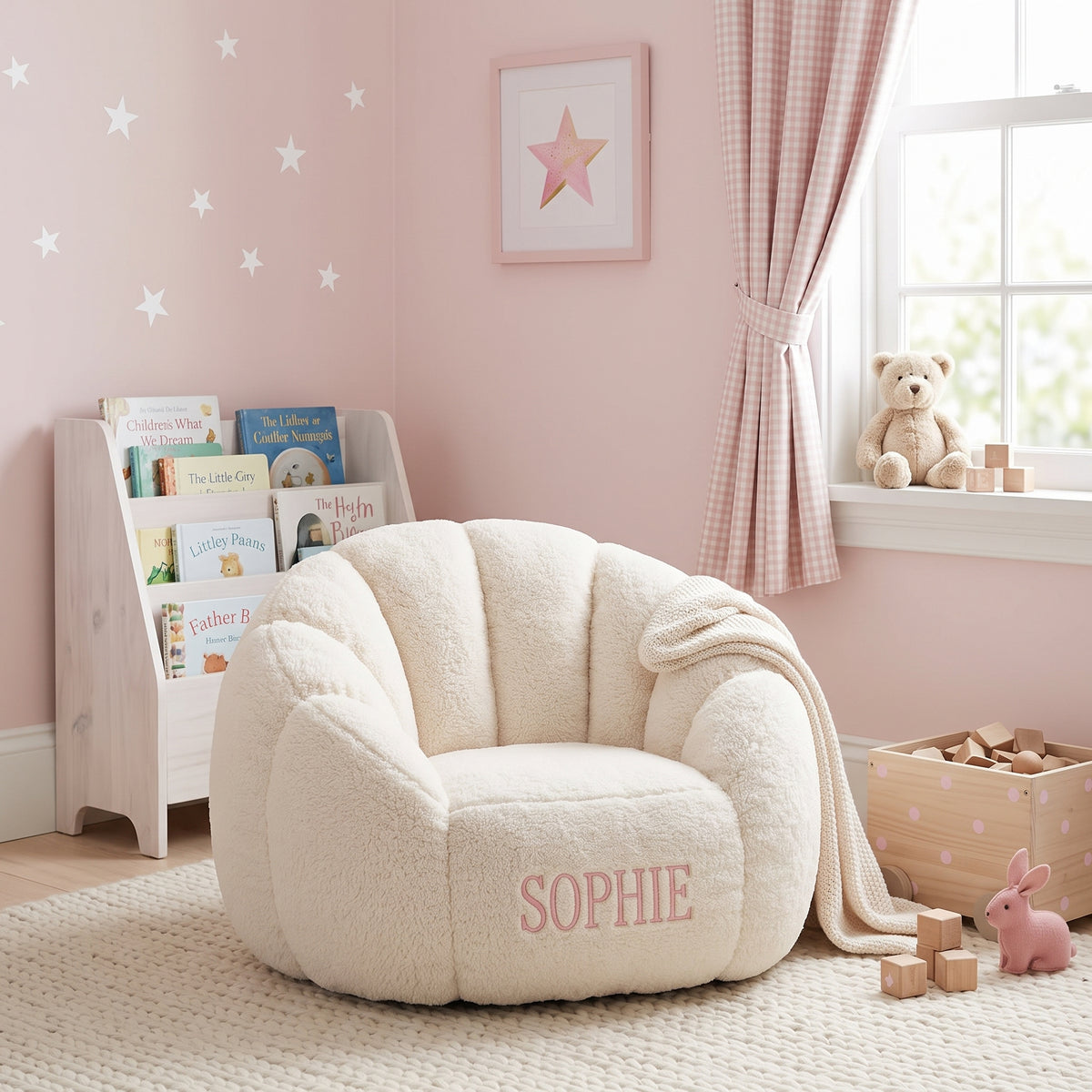 Soft Pink Stitched Personalized Name Super Soft Teddy Fleece Kids' Lounge Chair Shell Shaped Sofa Bedroom Playroom Decor