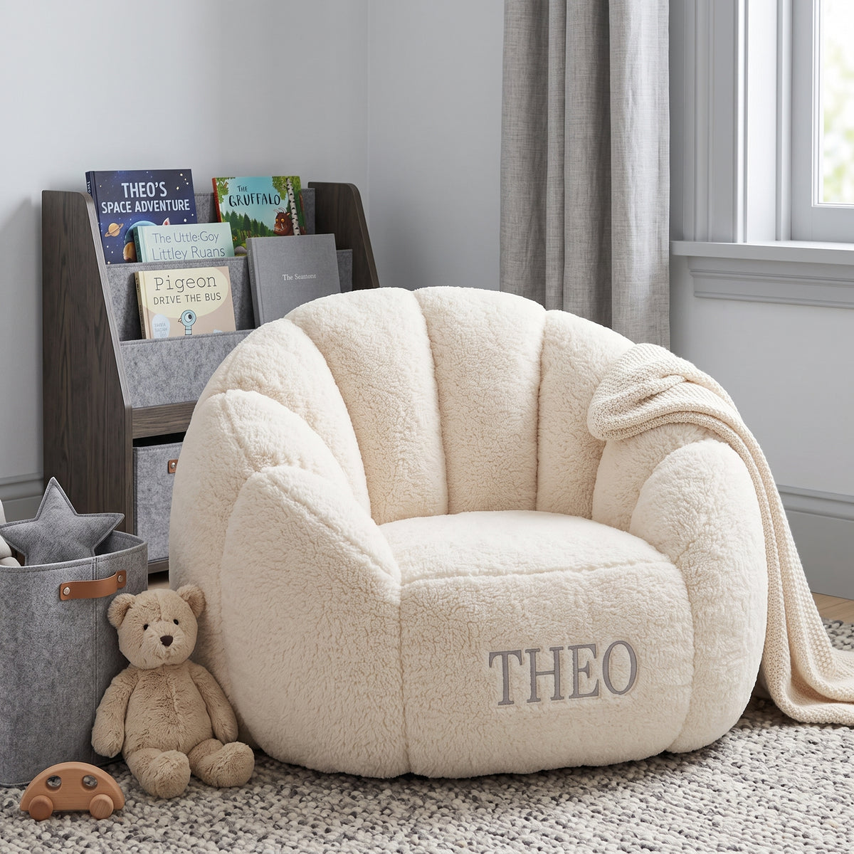 Soft Grey Stitched Personalized Name Super Soft Teddy Fleece Kids' Lounge Chair Shell Shaped Sofa Bedroom Playroom Decor