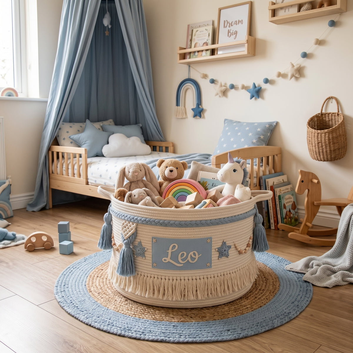 Large Handmade Boho Bohemian Soft Blue Personalized Custom Name Kids' Woven Cotton Rope Toy Basket Storage Organizer Bedroom Playroom