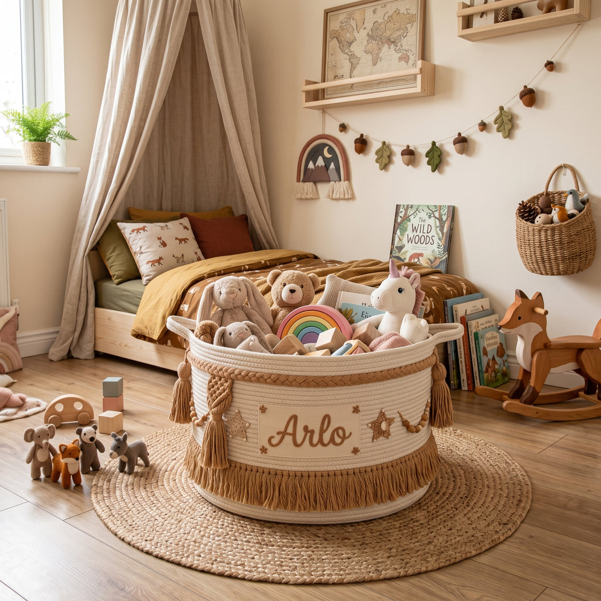 Large Handmade Boho Bohemian Soft Brown Personalized Custom Name Kids' Woven Cotton Rope Toy Basket Storage Organizer Bedroom Playroom