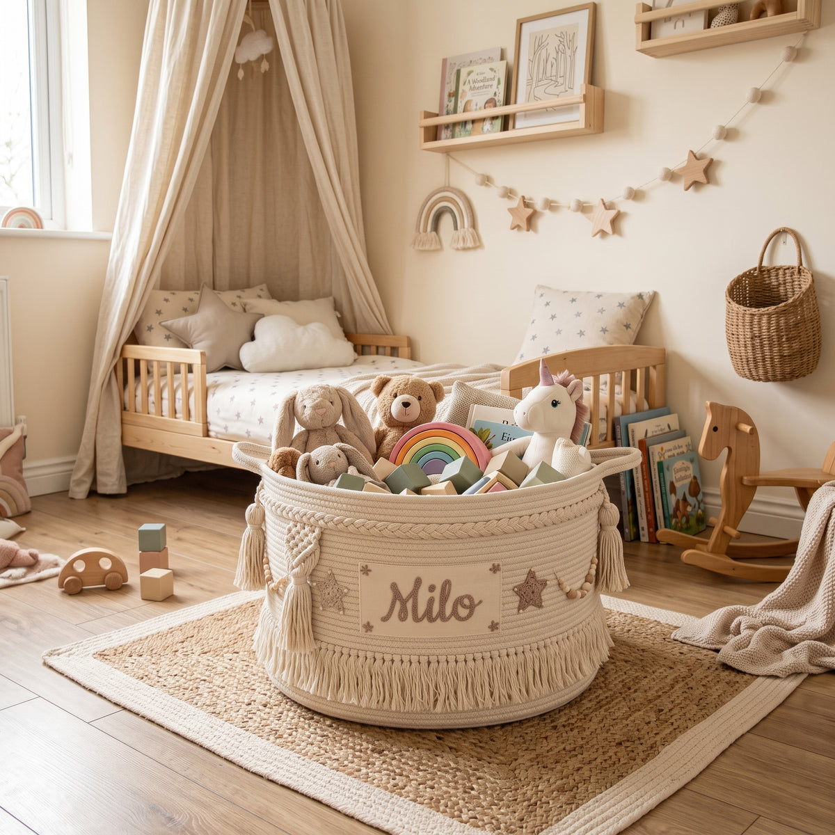 Large Handmade Boho Bohemian Soft Ivory Personalized Custom Name Kids' Woven Cotton Rope Toy Basket Storage Organizer Bedroom Playroom