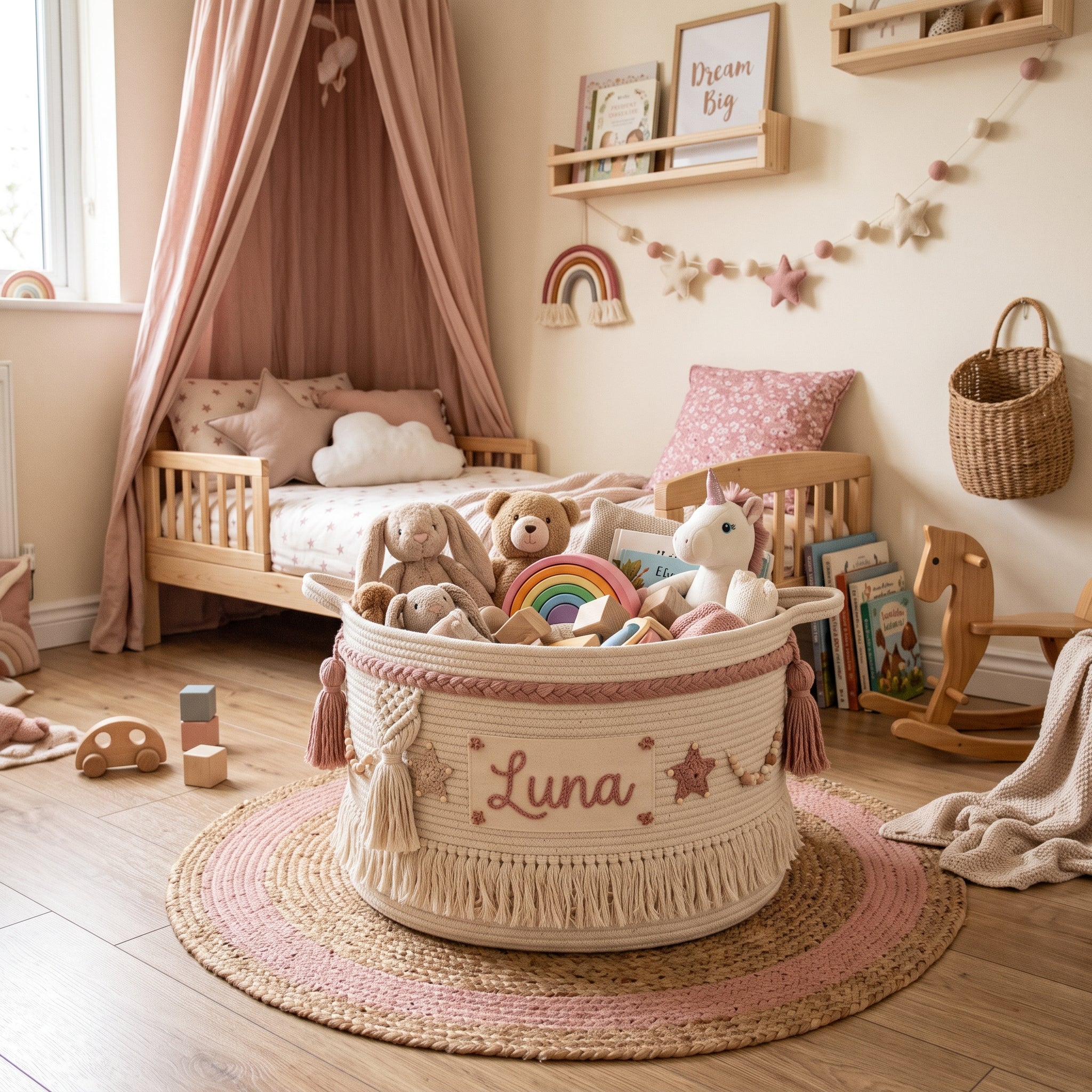 Large Handmade Boho Bohemian Soft Pink Personalized Custom Name Kids' Woven Cotton Rope Toy Basket Storage Organizer Bedroom Playroom