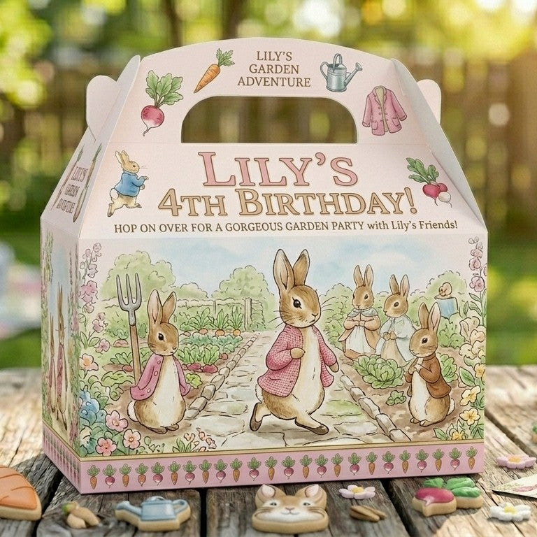 (Pack of 6) Peter Rabbit Pink Custom Personalized Birthday Party Favor Gable Treat Boxes