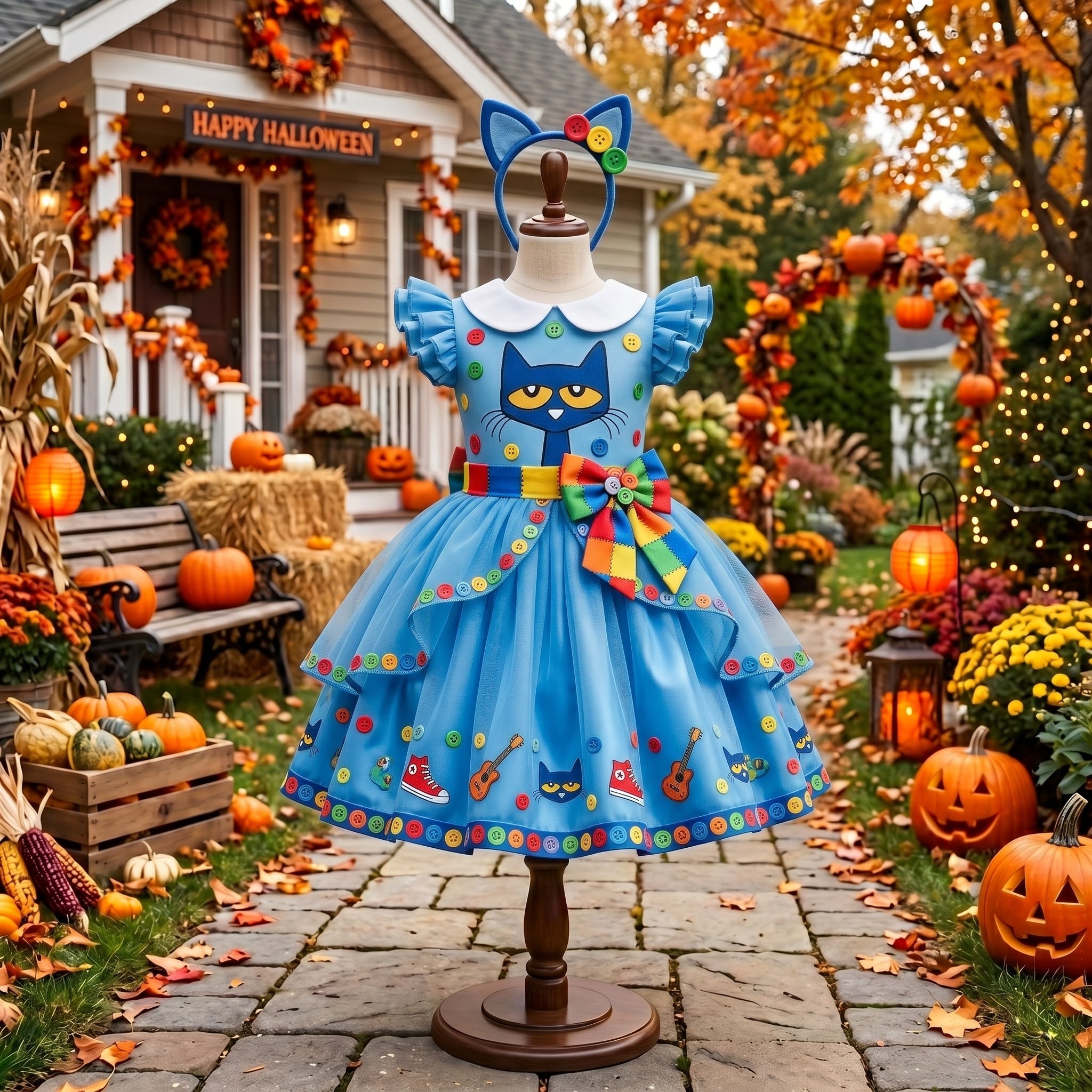Pete the Cat Girls' Deluxe Sparkle Tutu Party Costume Dress Set with Matching Headband Halloween Birthday Pageant