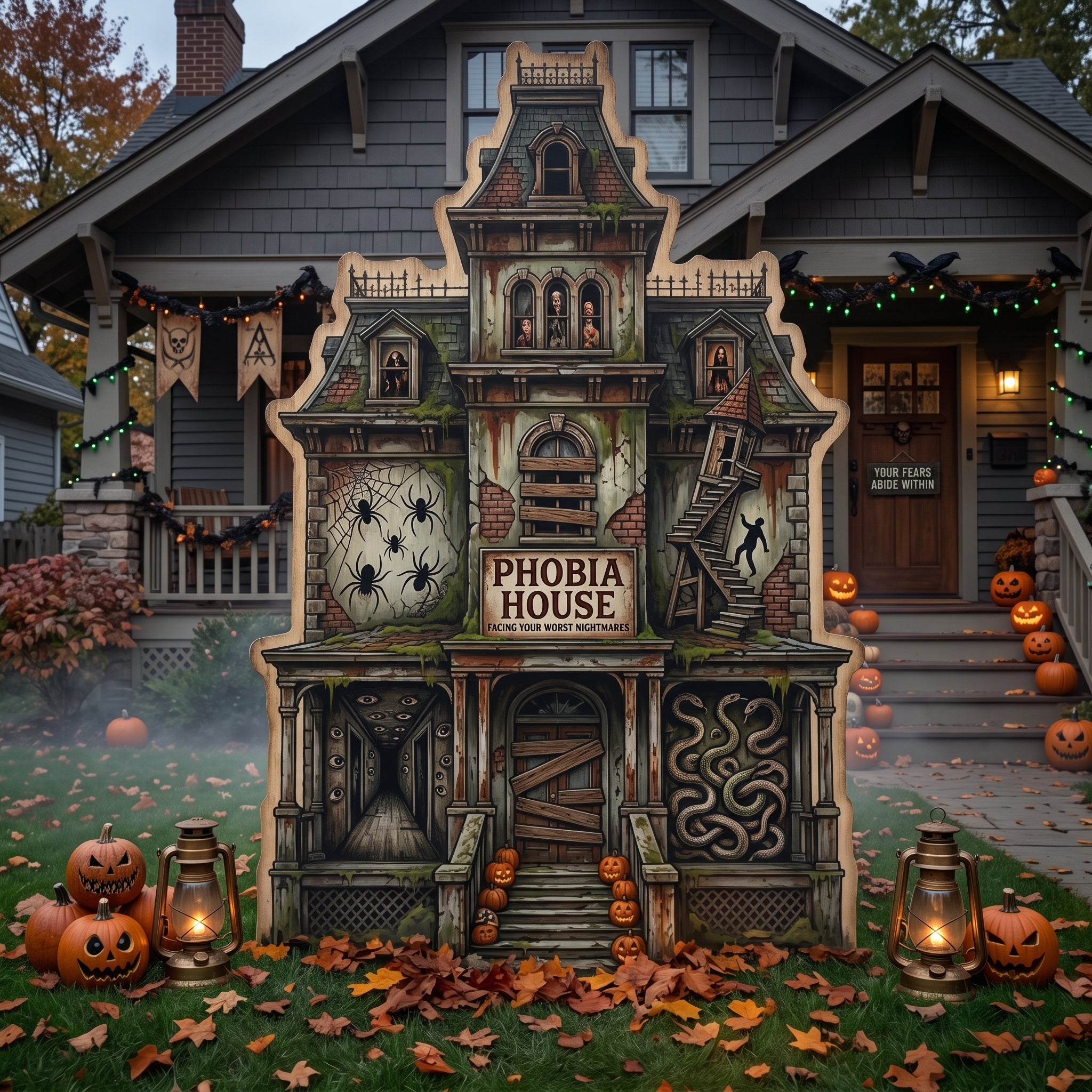 Life Size Creepy Phobia House Premium Freestanding Halloween Cutouts Yard Sign Decor Party Prop