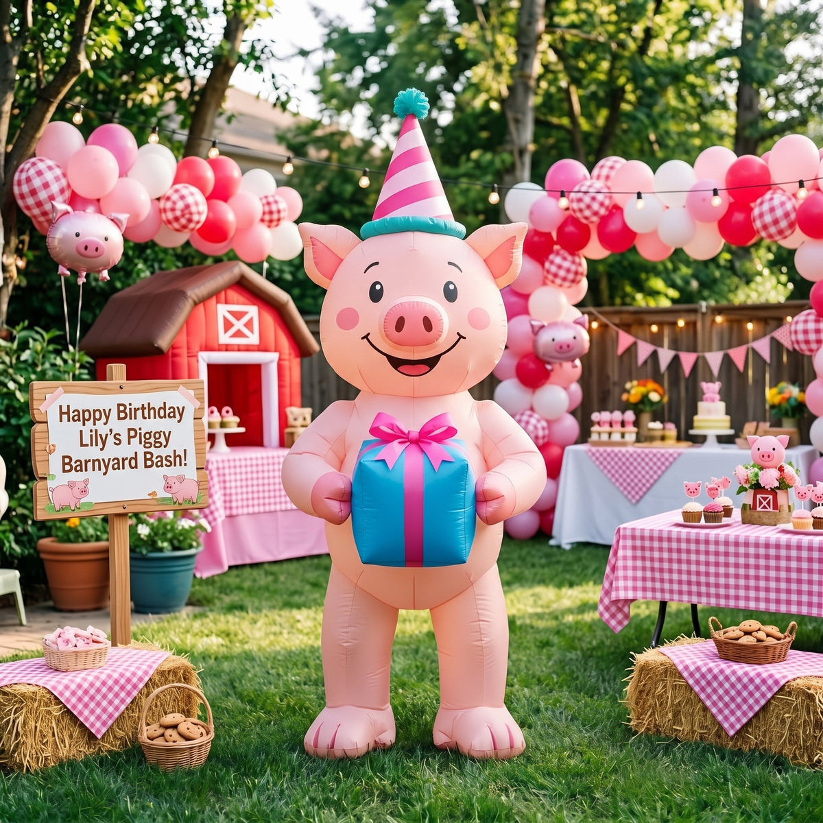 5' Farm Pig with Birthday Hat and Present Yard Birthday Inflatable Blow Up Decor Prop