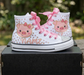 Custom Cute Farm Pig Face High-Top Sneakers Shoes Personalized with Name, Ribbon Laces & Rhinestones Birthday Parties Everyday Gift