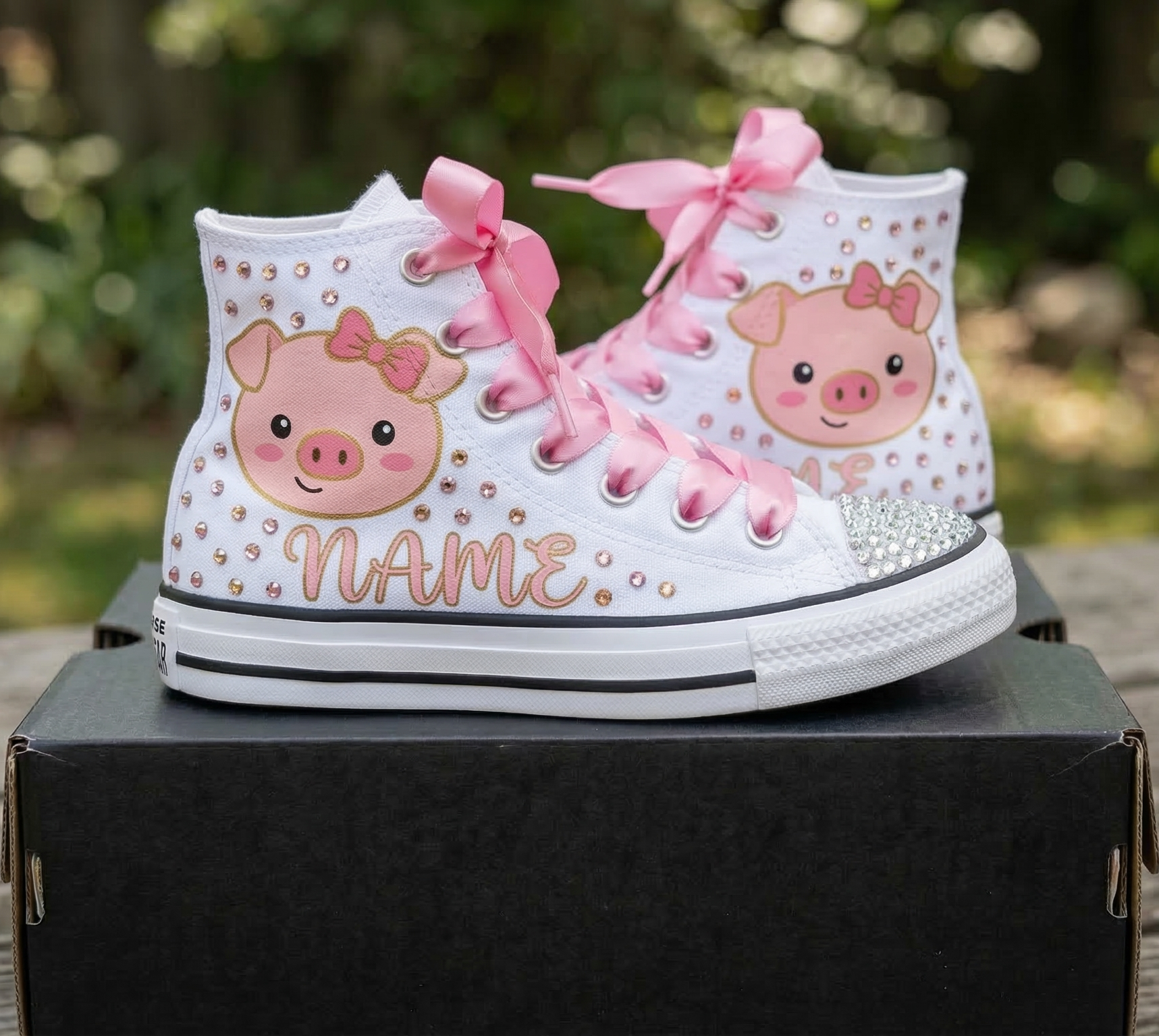 Custom Cute Farm Pig Face High-Top Sneakers Shoes Personalized with Name, Ribbon Laces & Rhinestones Birthday Parties Everyday Gift