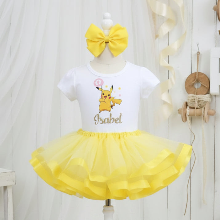 Pikachu Pokemon Tutu Set Girls Personalized Custom Yellow Ribbon Sewn Trim Tutu Outfit Dress Theme Cake Smash Birthday