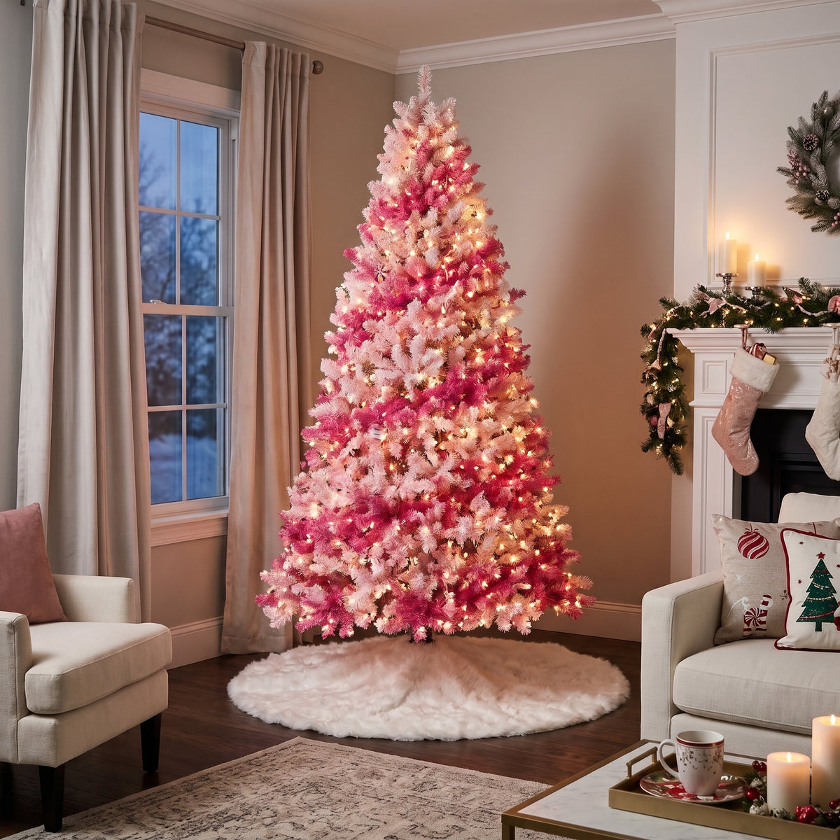 7-Foot Pre-Lit Two-Tone Hot Pink & Blush Artificial Christmas Tree Life Size Christmas Decor