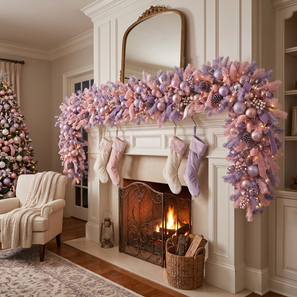 8-Foot Pre-Lit Two-Tone Pastel Pink and Lavender Purple Luxury Artificial Holiday Garland Christmas Decor