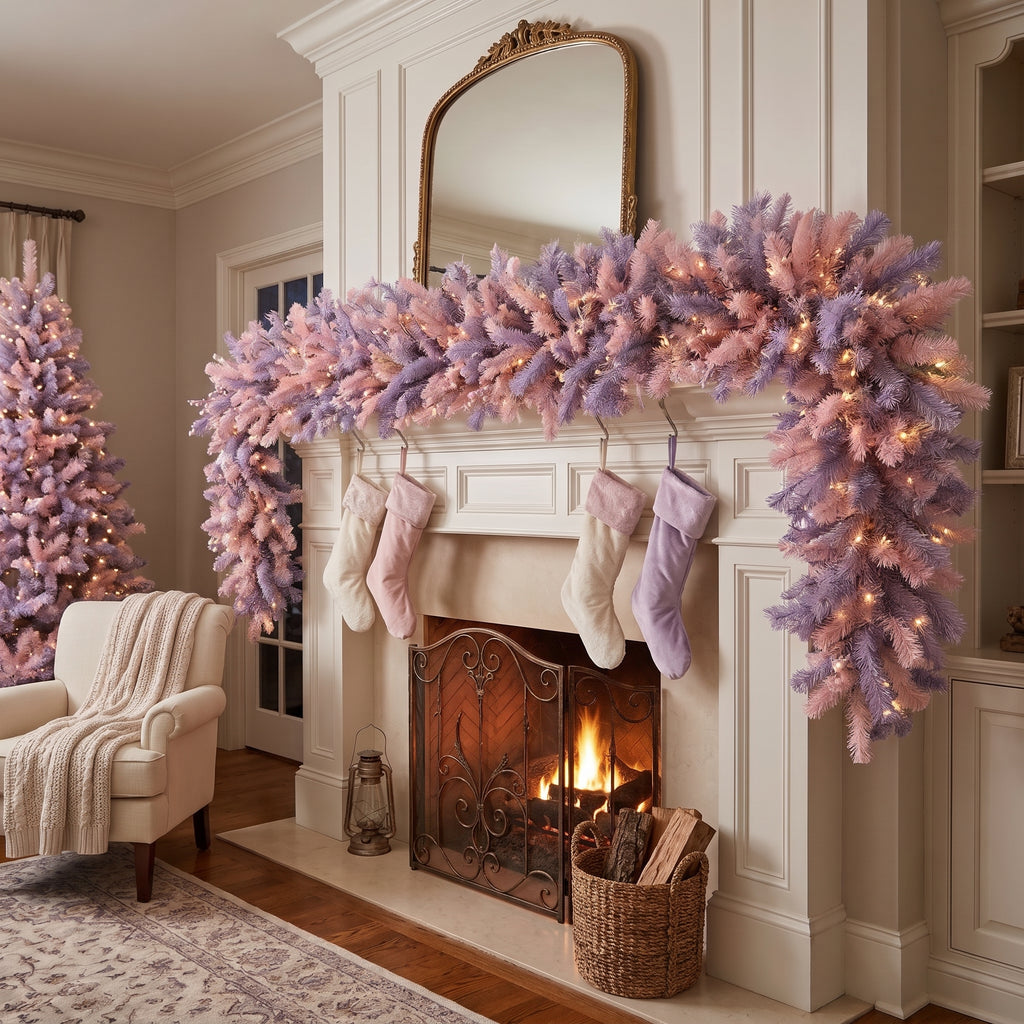 8-Foot Pre-Lit Two-Tone Pastel Pink and Lavender Purple Luxury Artificial Holiday Garland Christmas Decor