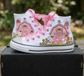 Custom Pink Barn High-Top Sneakers Shoes Personalized with Name, Ribbon Laces & Rhinestones Birthday Parties Everyday Gift