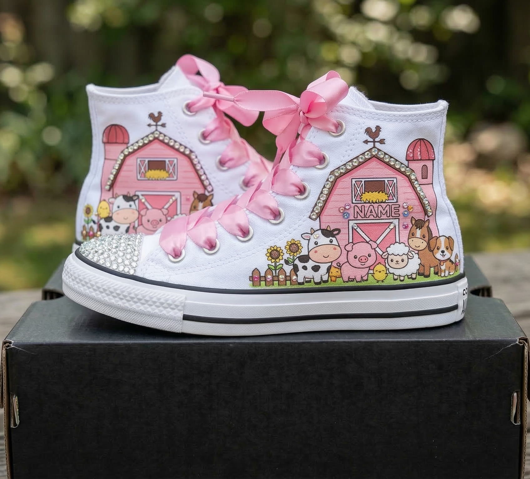 Custom Pink Barn High-Top Sneakers Shoes Personalized with Name, Ribbon Laces & Rhinestones Birthday Parties Everyday Gift