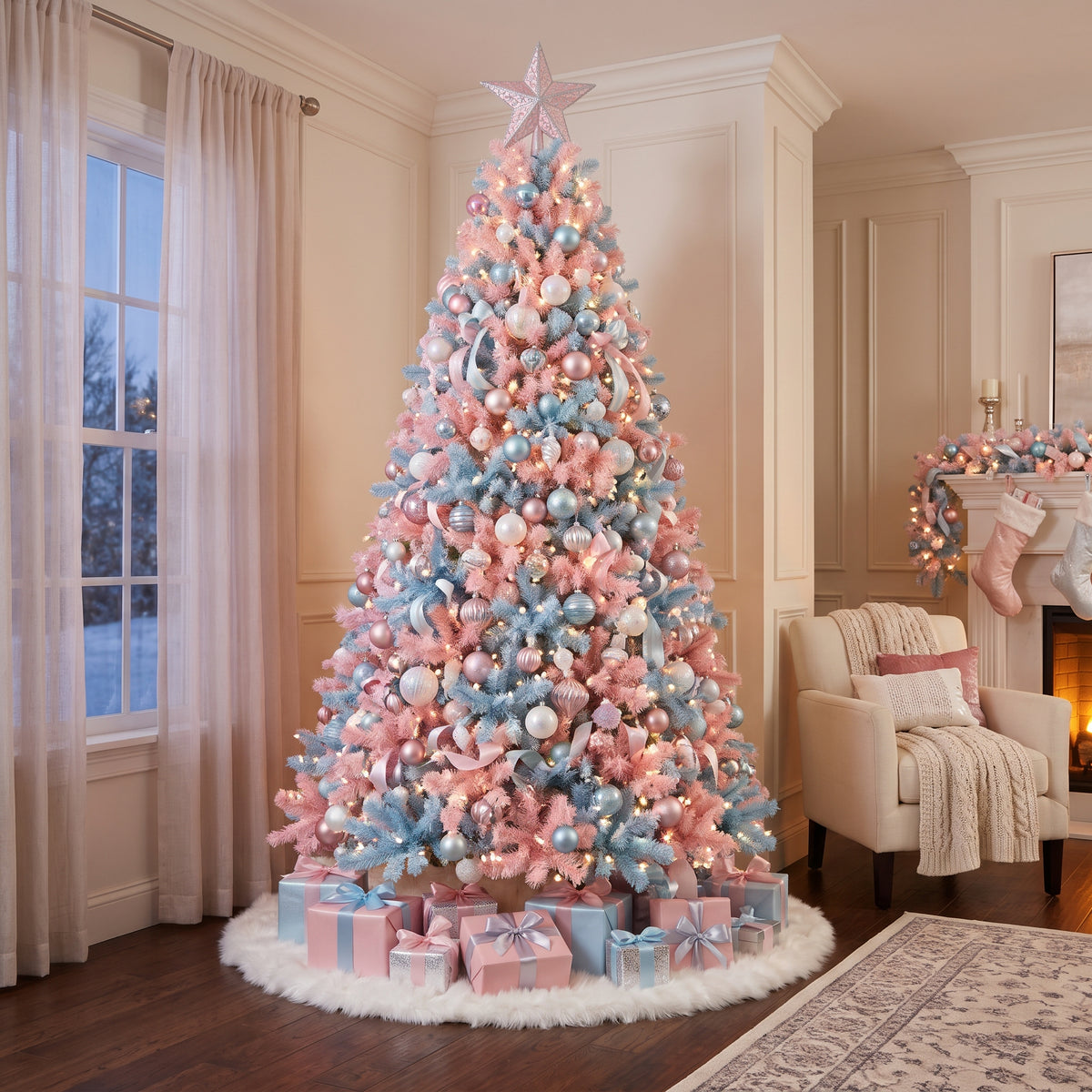 7-Foot Pre-Lit Two-Tone Pastel Pink and Ice Blue Artificial Christmas Tree Life Size Christmas Decor