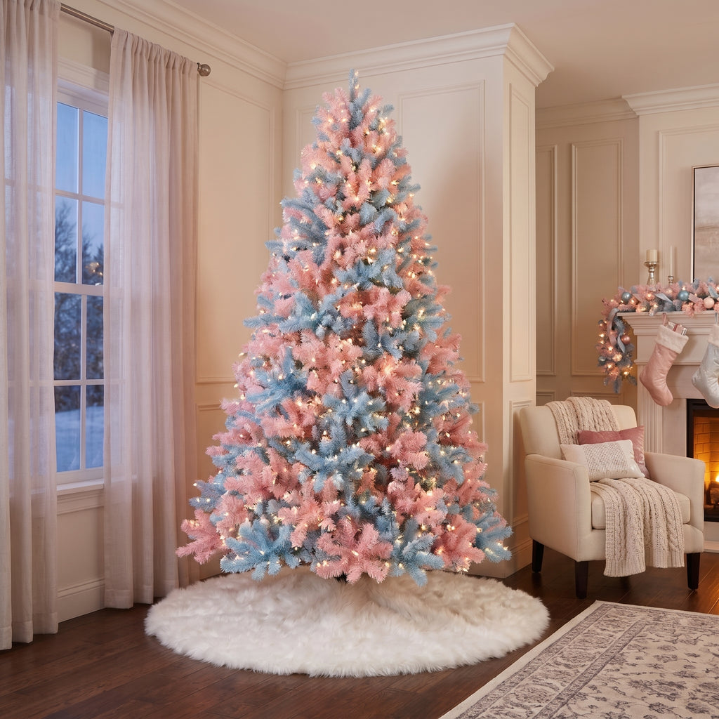 7-Foot Pre-Lit Two-Tone Pastel Pink and Ice Blue Artificial Christmas Tree Life Size Christmas Decor