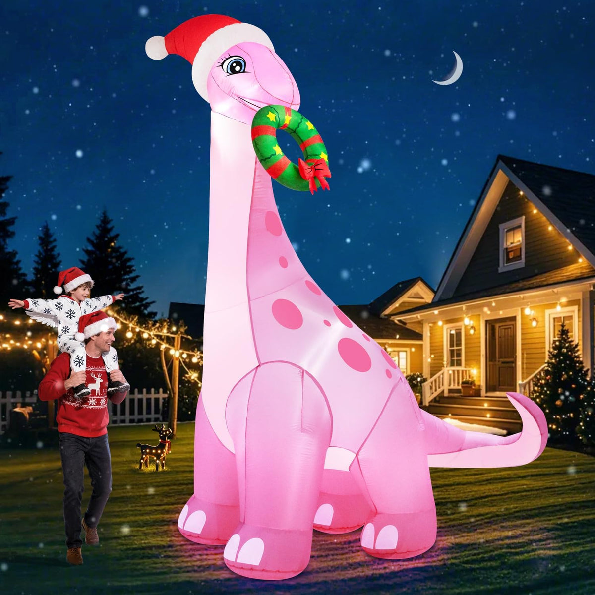 13-Foot Giant Outdoor Pink Long Neck Dinosaur Inflatable with LED Illumination Christmas Blow Up Yard Decor